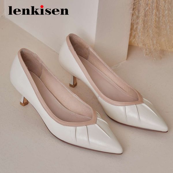 

lenkisen korean girls full grain leather pleated mixed colors pointed toe thin high heel slip on beauty lady women pumps l46, Black
