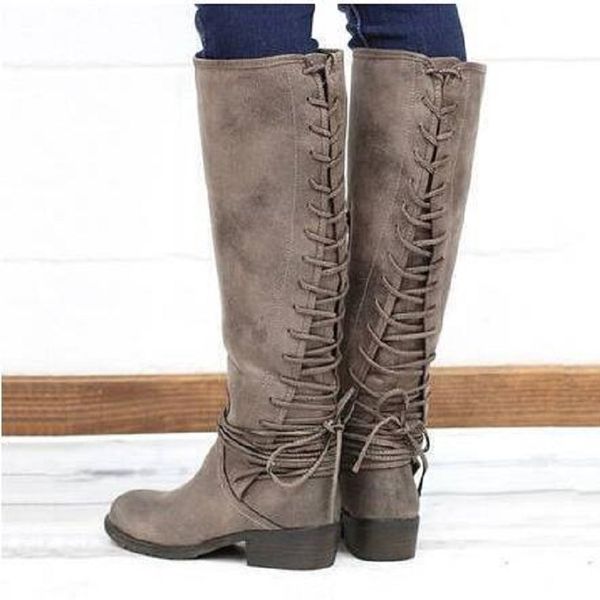 

women shoes lace up knee high boots autumn winter low heels platform riding boots ladies western long zapatos mujer, Black