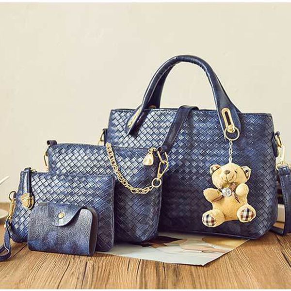 

woven mother bag four-piece bear handbag single shoulder women fashion pu leather crossbody