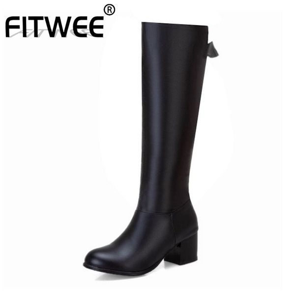 

boots fitwee size 33-50 pu leather women knee high bowtie zipper chunky heels round toe winter office knight footwear, Black