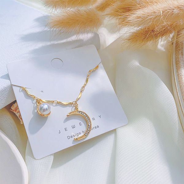 

trendy female white pearl pendant necklace classic gold color chain necklaces for women cute crystal moon wedding necklace, Silver