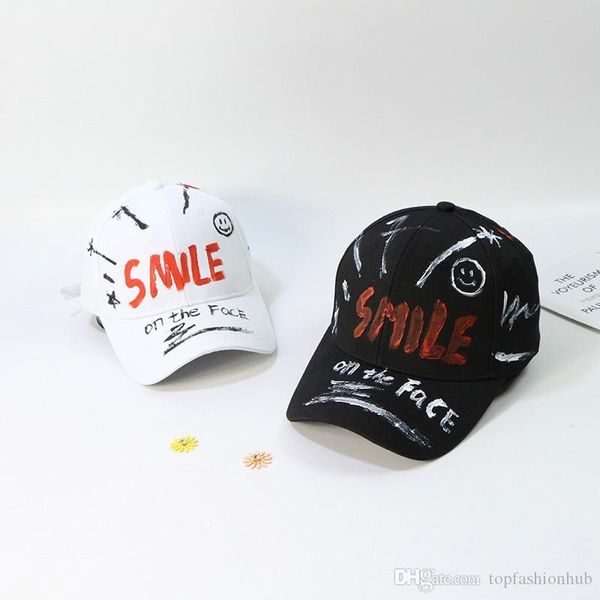 

hand painted doodle baseball cap smiley cap simple fashion hip hop cap black and white letter pattern hat, Blue;gray