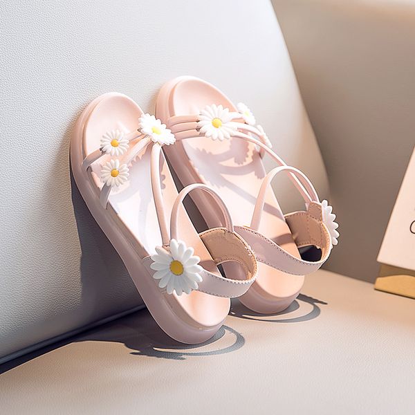 

summer casual sweet daisy flowers soft princess medium big kids flats girls beach sandals children's open toe floral beach shoes, Black;red