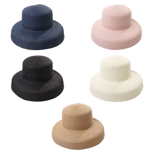 

women summer vintage hepburn straw sun hat bell shaped wide brim solid color uv protection travel floppy beach cap, Blue;gray