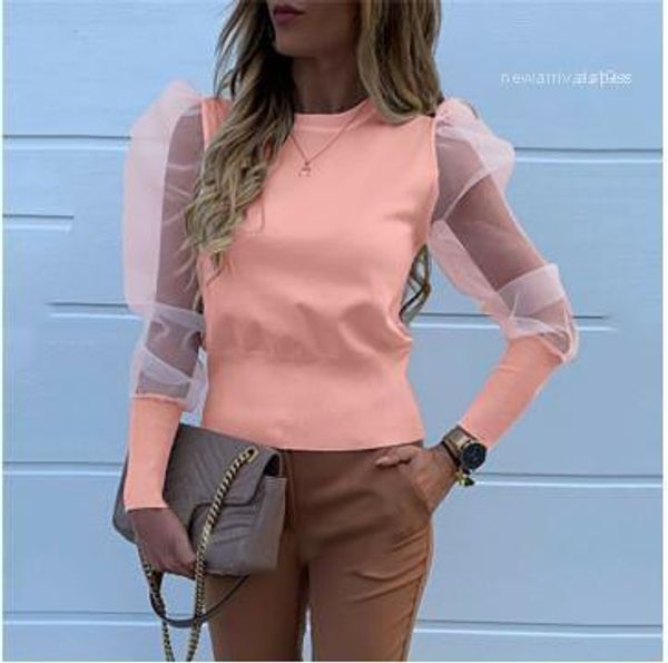 

sleeve shirt solid color lady fashion 2020 women o neck blouses mesh tulle ruffle shirts long puff, White