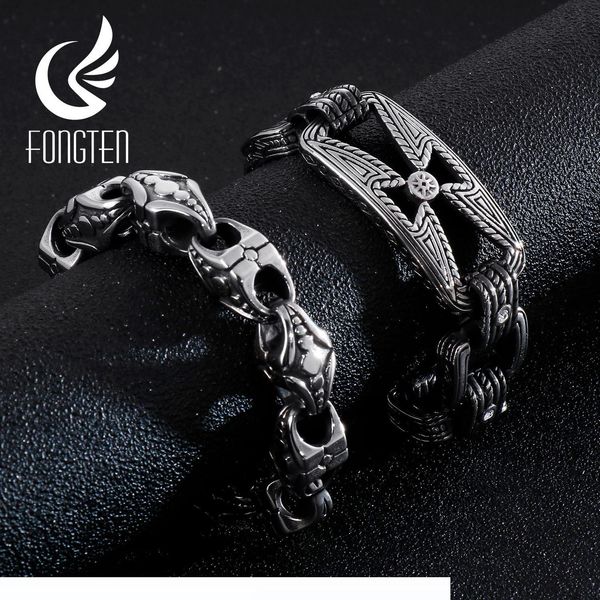 

fongten viking bracelet punk men cross bead vintage black stainless steel link charm male bracelets bangle fashion jewelry, Golden;silver