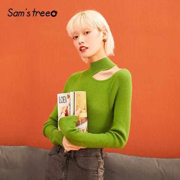 

sam's tree black solid cut out knitted pullovers women sweaters 2020 winter green off shoulder skinny office ladies daily, White;black