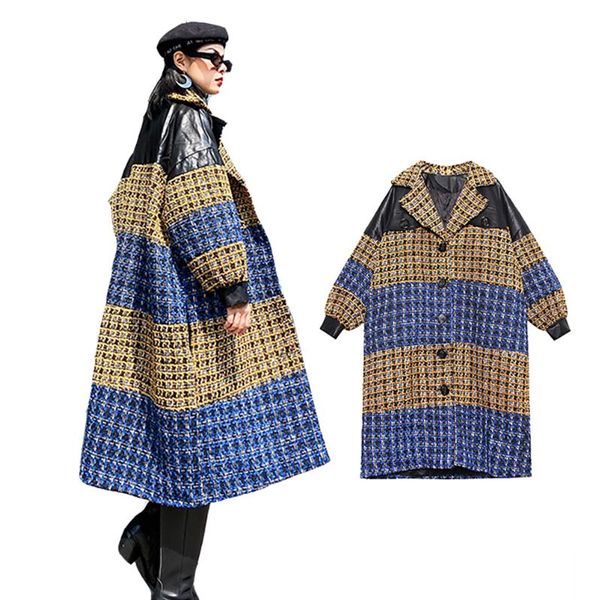 

women's down & parkas woolen cashmere women winter thickened medium length loose plaids grid splicing cotton padded clothes coat 2021 f, Black