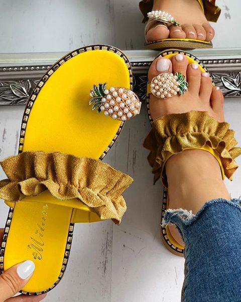 

summer slippers women outdoor slippers 2020 handmade pearl flat bottom toe pineapple fairy style plus size 35-43, Black