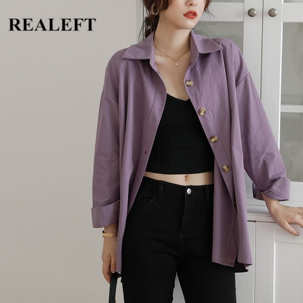 

realeft new 2020 autumn oversize women's blouse long sleeve turn-down collar single breasted korean style loose shirts, White