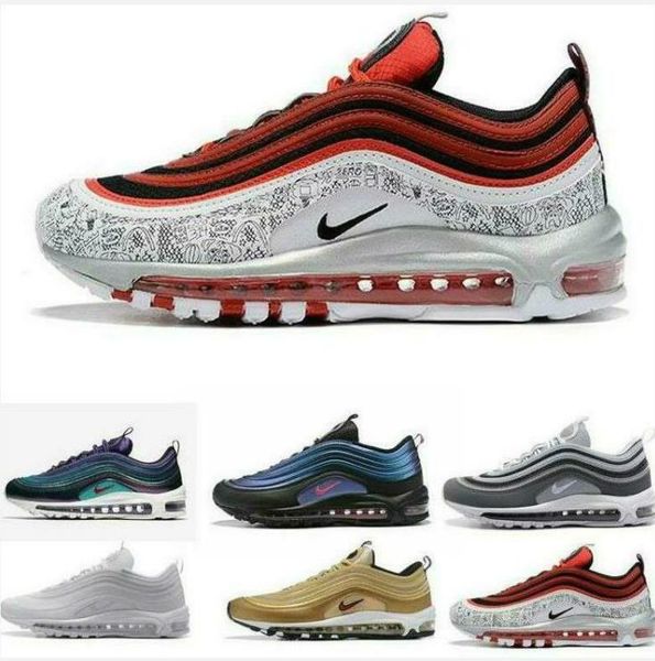 

air 97 мужчины женщины кроссовки щепка пули sunburst непобежденных olive тройной черный team red спортивные тапки, White;red