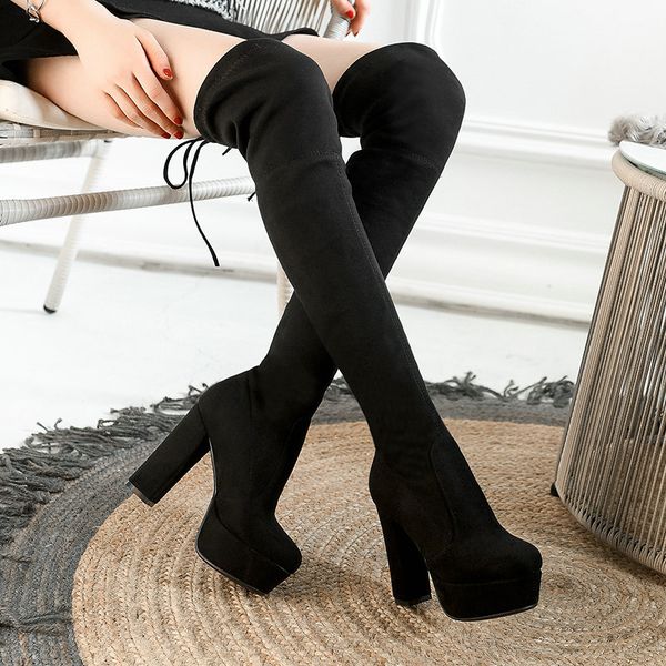 

aiweiyi new knee high botos for woman round toe chunky high heels over the knee boots lace up stretch boots comfort shoes, Black