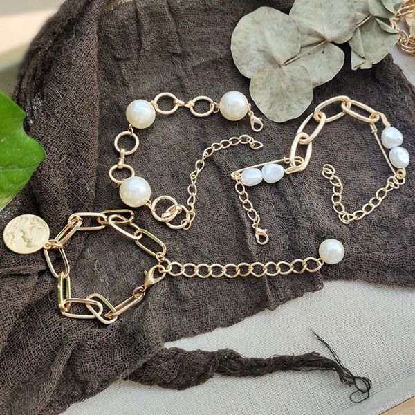

just feel portrait coin charm bangles bracelets for women fashion gold color metal chain pulseras mujer pearl bracelet jewelry, Black