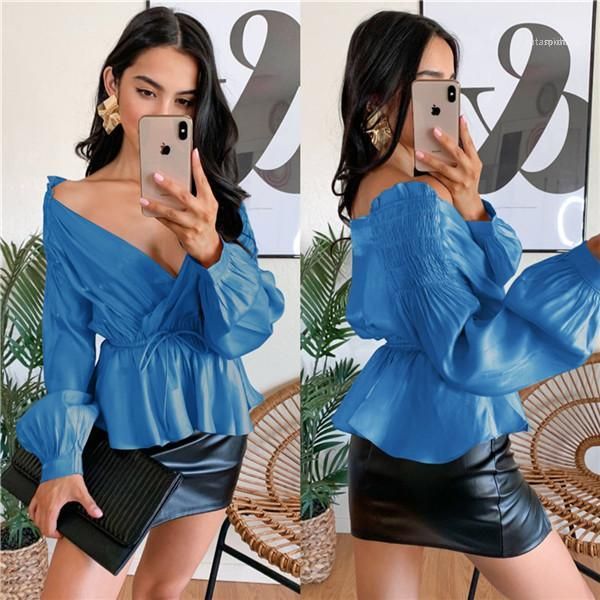 

loose dark v neck shirts fashion women shirts strapless designer shirts women casual sweet solid color loose lantern sleeve, White