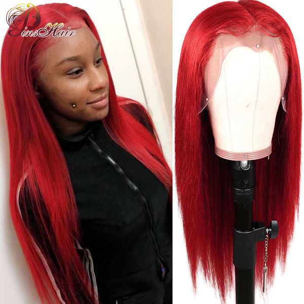 

lace wigs pinshair front human hair preplucked red 99j burgundy 180 brazilian remy 13x1lace part wig middle, Black;brown