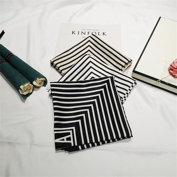 

classic satin silk scarves striped scarf small square foulard decorative kerchief fashion girls headband black white stripe, Blue;gray