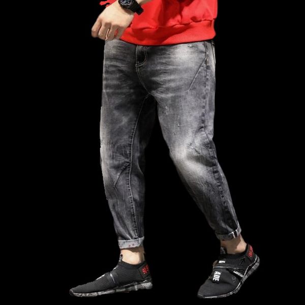 

men retro washing feet hole jeans ankle-length harem pants fashion men jeans ripped jogger plus size 28-42, Blue