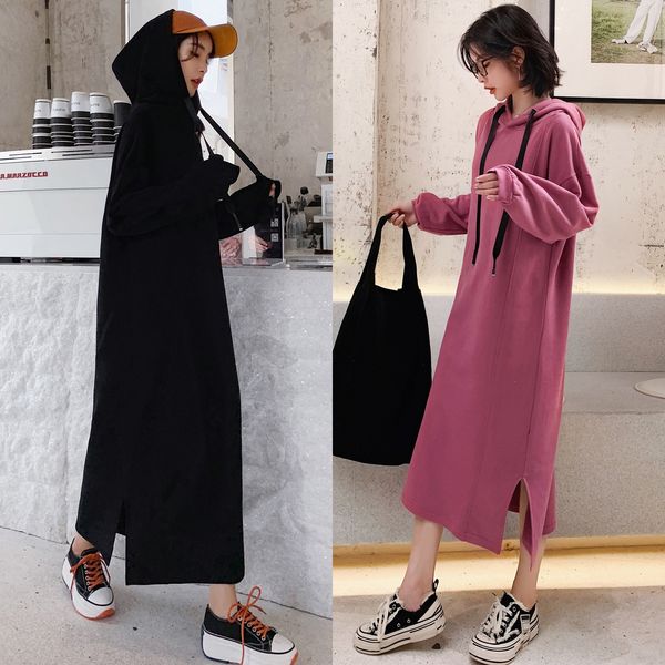 

3115#2020 autumn ins super popular cec lazy loose sweater dress long knee-length hooded sweater dress thin tkds0, Black