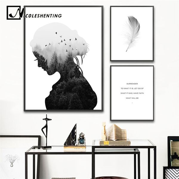

scandinavian wall art canvas abstract painting girl silhouette feather posters and prints nordic decoration pictures home decor