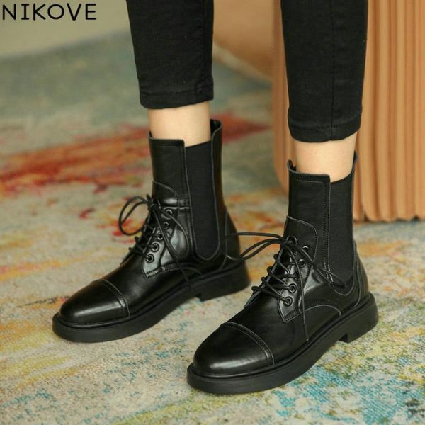 

boots nikove 2021 square heel autumn winter ankle cow leather stretch fabrics short boot round toe lace up women shoes size34-39, Black