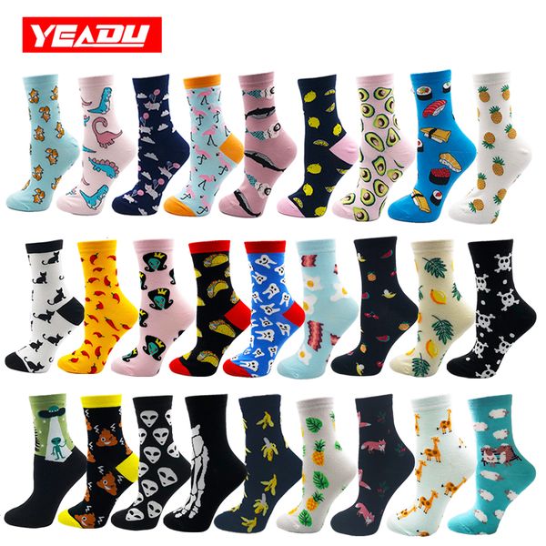 

yeadu женские носки японский хлопок красочные мультфильм симпатичные смешные счастливый каваи череп чужеродных авокадо носки для девочек рож, Black;white