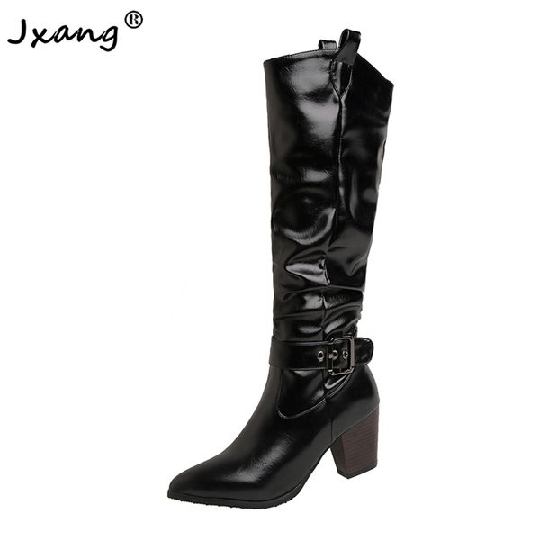 

jxang 2020 мода женщины прохладный колена sexy boots высокое качество высокие каблуки качество long square comfort ботинес mujer ботфорты, Black