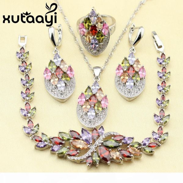 

xutaati 4pcs 925 sterling silver jewelry set flower multicolor stones cubic zirconia earrings ring necklace pendant bracelet