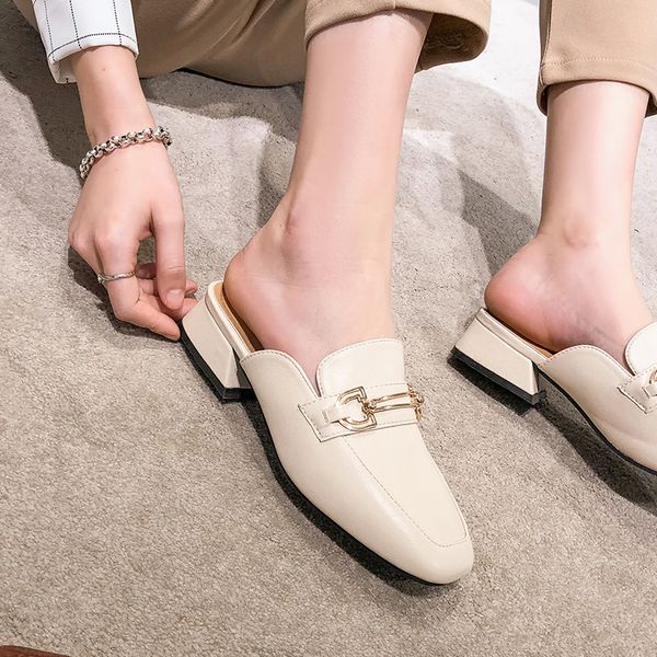 

brand slippers women fashion square toe mule metal decoration low heels slides casual shallow slip on shoes sandalias mujer, Black