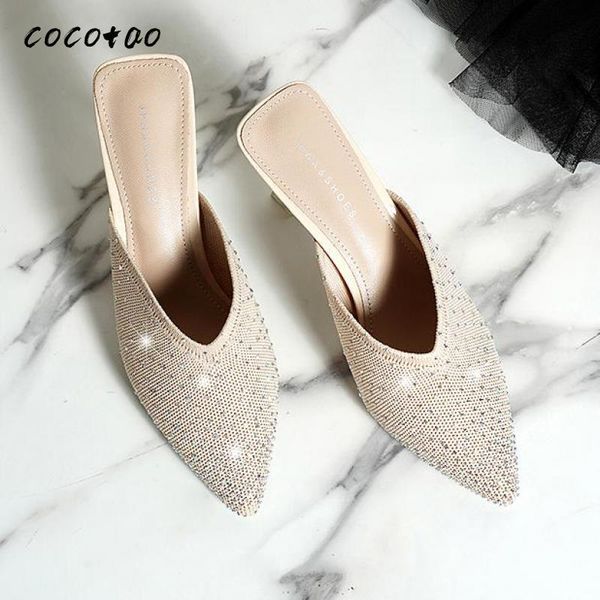 

knit rhinestone pointed toe half slippers 2020 spring new fine heel baotou sandals le mu high-heeled slippers women wear, Black