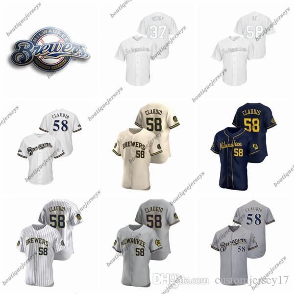 

custom men women kids milwaukee brewers 58 alex claudio 58 ac 42 jackie robinson 38 dave 37 doogy home white gray baseball jerseys, Blue;black