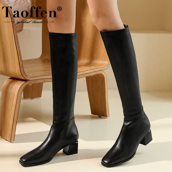

taoffen new women knee high boots real leather square toe women winter long boots fashion cool winter shoes woman size 34-39, Black