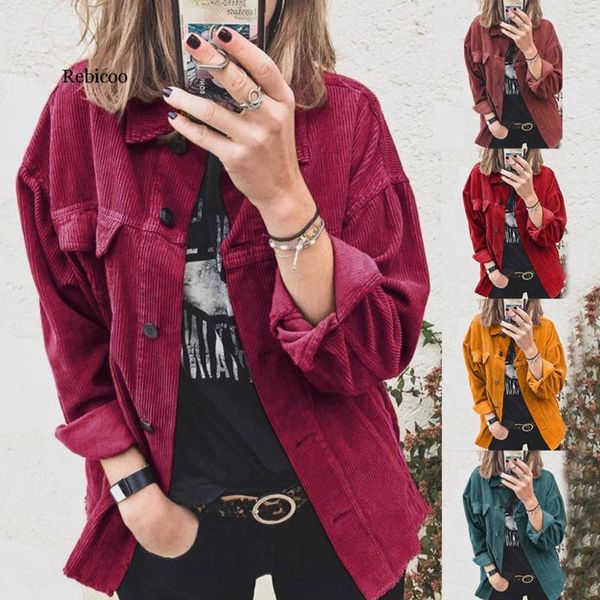 

women jacket autumn vintage corduroy jacket loose long sleeve lapel shirt red fashion female streetwear outwear, Black;brown