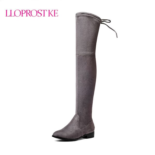 

lloprost ke high boots fashion women over knee boots faux suede black slim shoes winter round toe low heel botas big size lyz063