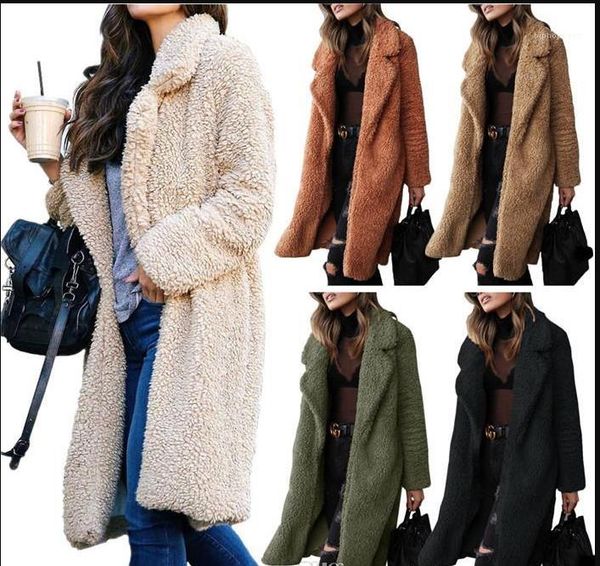 

coats fashion cardigan wool coats casual solid color women outerwear winter plush lapel neck womens long, Black