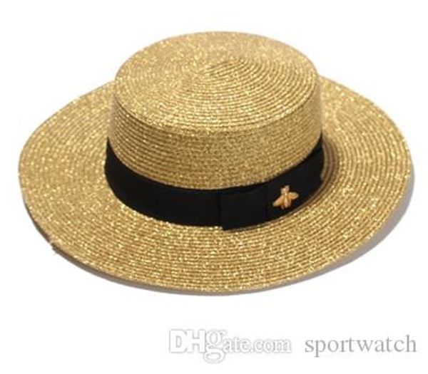

woven wide-brimmed hat gold metal bee fashion wide straw cap parent-child flat-visor woven straw hat, Blue;gray