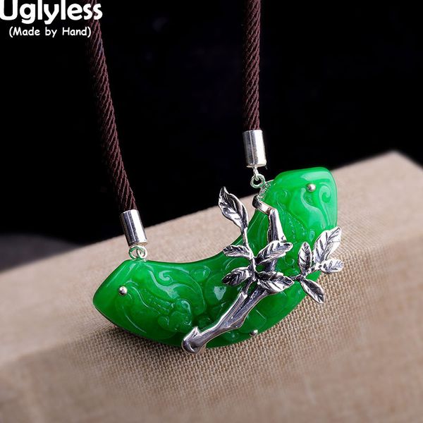 

uglyless natural hte long sein jade emerald necklaces for women ethnic thai silver leaves pendants + rope chain 925 silver jewel