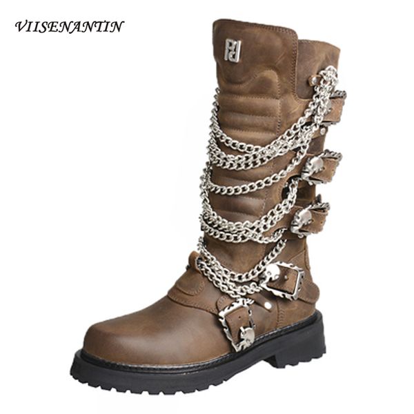 

2020 metal chain motorcycle boots retro old neutral biker boots stylish thick sole round toe casual style bota, Black