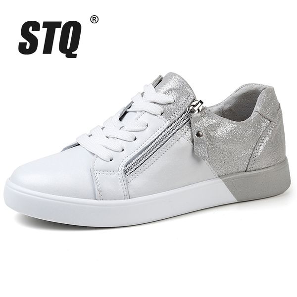 

stq 2020 new arrival women flat shoes zip genuine leather shoes woman spring autumn mixed color fashion sneakers female fy16010, Black