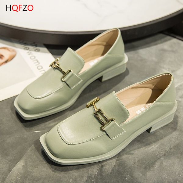 

women loafers square heels slip on ladies office shoes buckle pu leather fashion british style spring autumn loafers, Black