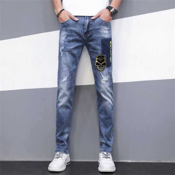 

men's slim-fit jeans fashion new straight-leg slim-fitting elastic jeans, men's casual and comfortable motorcycle men's stret, Blue