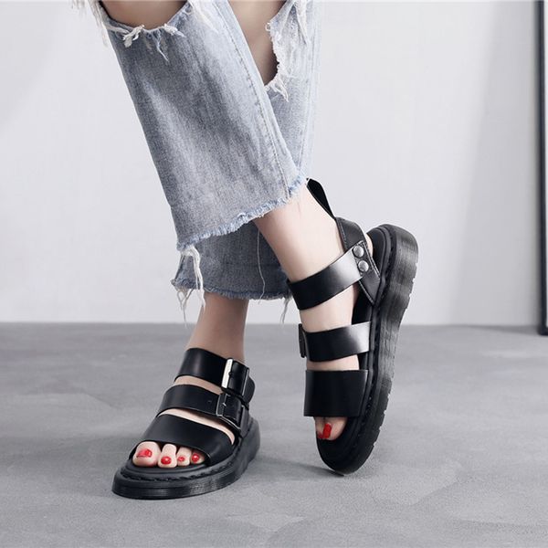 

swyivy genuine leather gladiator sandals women shoes casual buckle sandale femme 2020 summer sandals for women flat shoes woman, Black