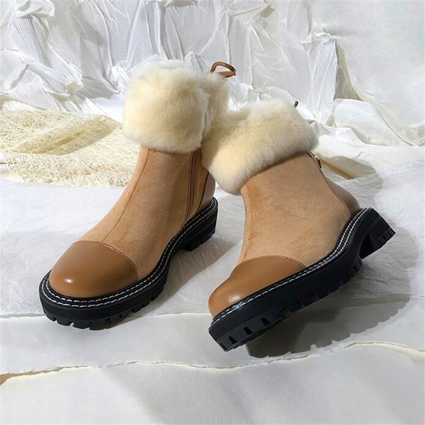

wool fur short snow boots slim fit ankle boots winter warm shoes women khaki black round toe side zipper leather