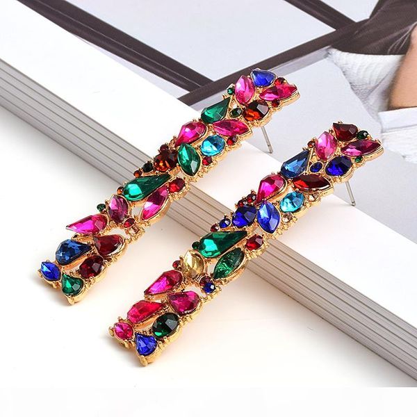 

new rectangle metal colorful rhinestone long drop earrings studded full crystals fine jewelry accessories for women wholesale, Silver