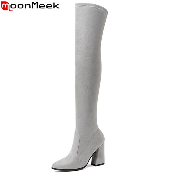 

moonmeek 2020 мода по колено сапоги женщин заостренным носком стекаются высокие сапоги толстые высокие дамы пром обувь размер 33-43, Black
