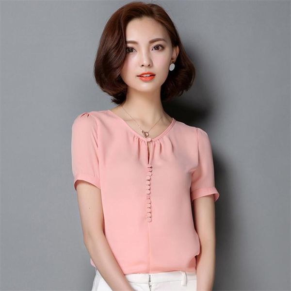 

women chiffon blouse ladies solid elegant blouses short sleeve ol office shirt plus size, White