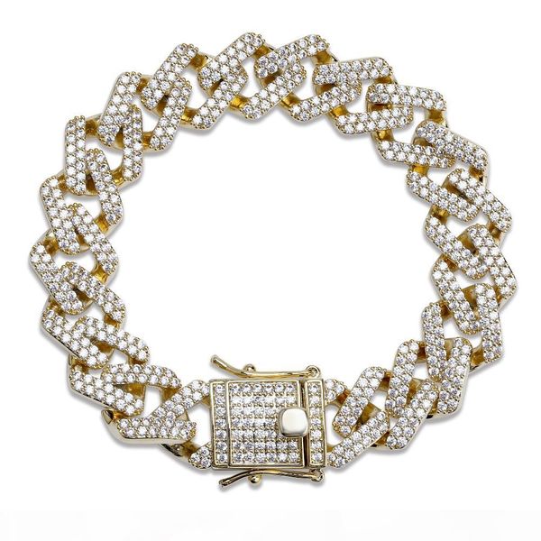 

14mm 6 7 8 9 10inch straight edge diamonds cuban link chain bracelet gold silver iced out cubic zirconia hiphop men jewelry, Golden;silver