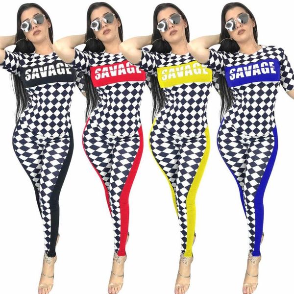

women's tracksuits summer plaid print short sleeve two piece set o-neck women casual color block tracksuit skinny elastic waist full le, Gray