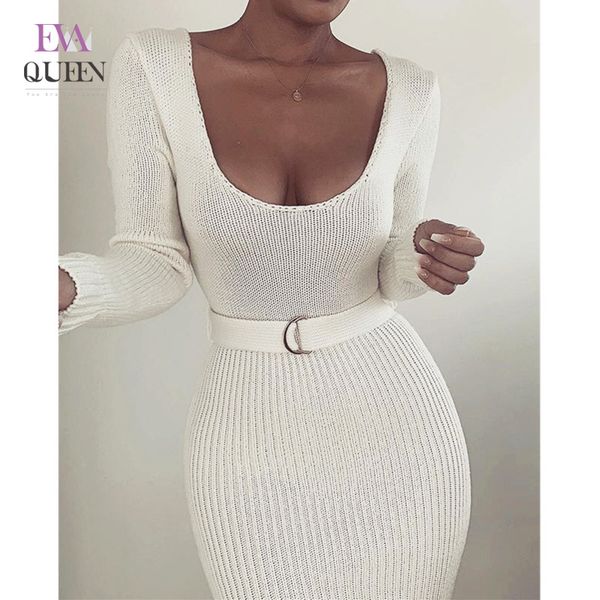 

casual dresses evaqueen knitted sweater solid bodycon dress women's long sleeve o-neck bandage backless slim elegant 2021, Black;gray
