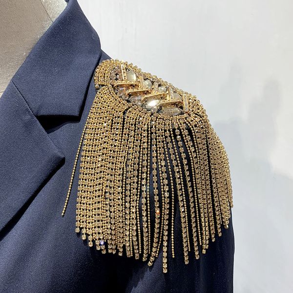 

2pcs gold rhinestone shoulder british style new brooch strap tassel rivet epaulet epaulette shirt singer compere stage jewelry, Gray