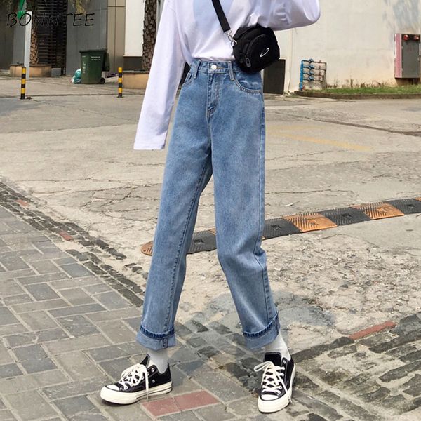 

jeans women solid loose leisure high waist full-length straight womens jean korean style all-match simple zipper trendy chic, Blue